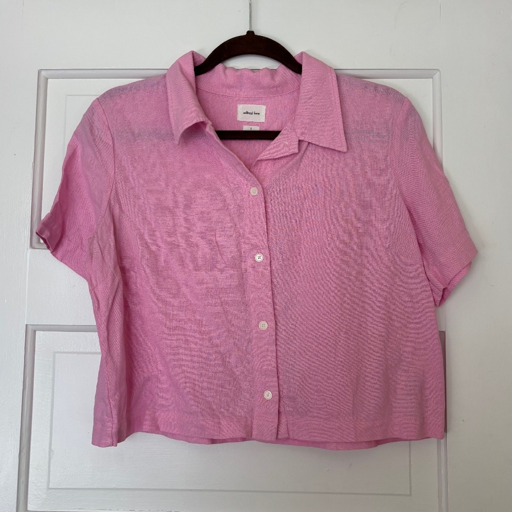 Aritzia Wilfred Free Gelato Linen Short Sleeve Button Up Shirt - Pink